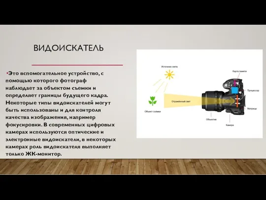 ВИДОИСКАТЕЛЬ Это вспомогательное устройство, с помощью которого фотограф наблюдает за