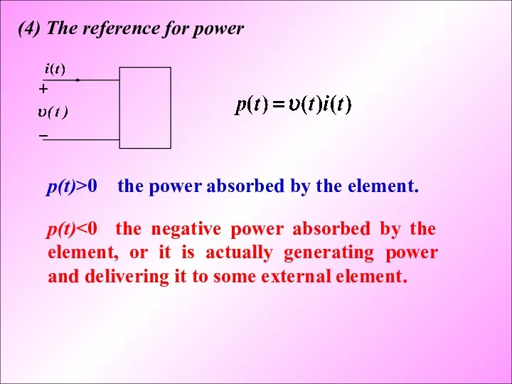 (4) The reference for power p(t) p(t)>0 the power absorbed by the element.