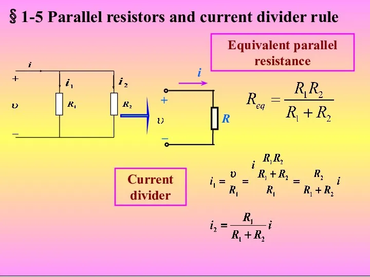 Current divider Equivalent parallel resistance R i + – §1-5 Parallel resistors and current divider rule