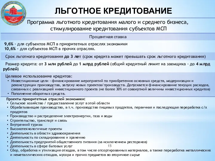 ЛЬГОТНОЕ КРЕДИТОВАНИЕ Проекты приоритетных отраслей экономики: Сельское хозяйство / предоставление