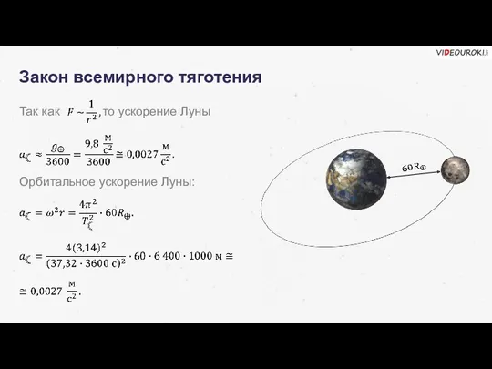 Закон всемирного тяготения Так как то ускорение Луны Орбитальное ускорение Луны: