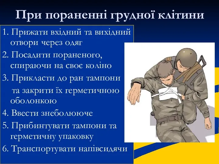 При пораненні грудної клітини 1. Прижати вхідний та вихідний отвори