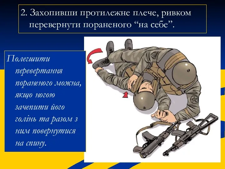 2. Захопивши протилежне плече, ривком перевернути пораненого “на себе”. Полегшити