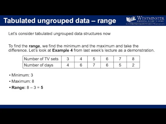 Tabulated ungrouped data – range Let’s consider tabulated ungrouped data