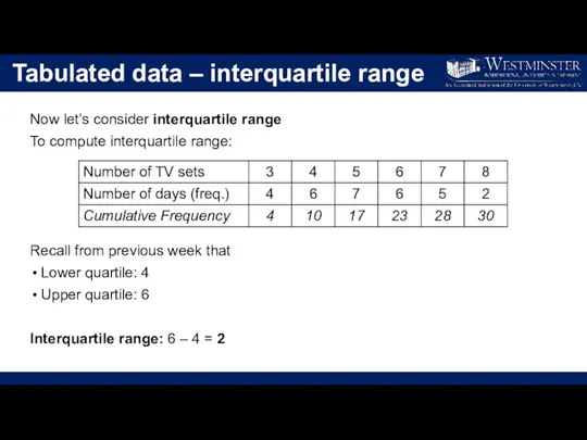 Tabulated data – interquartile range Now let’s consider interquartile range