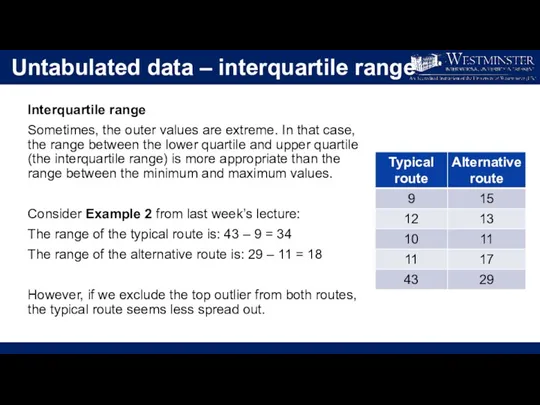 Untabulated data – interquartile range Interquartile range Sometimes, the outer
