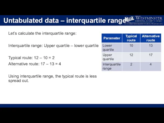 Untabulated data – interquartile range Let’s calculate the interquartile range: