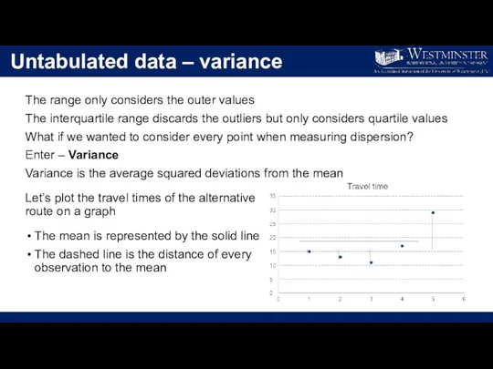 Untabulated data – variance The range only considers the outer