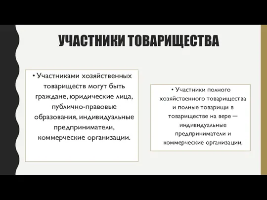 УЧАСТНИКИ ТОВАРИЩЕСТВА Участниками хозяйственных товариществ могут быть граждане, юридические лица,