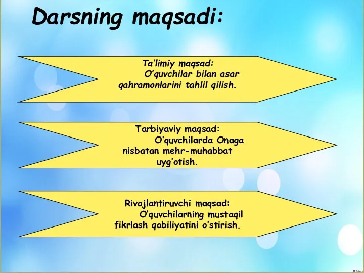 Darsning maqsadi: Ta’limiy maqsad: O’quvchilar bilan asar qahramonlarini tahlil qilish.