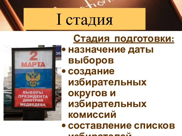 Стадия подготовки: назначение даты выборов создание избирательных округов и избирательных комиссий составление списков избирателей I стадия