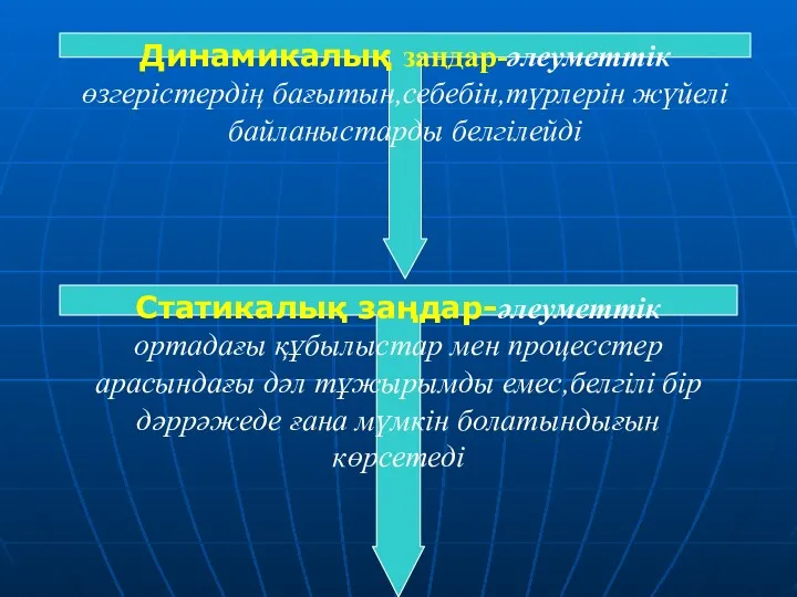 Динамикалық заңдар-әлеуметтік өзгерістердің бағытын,себебін,түрлерін жүйелі байланыстарды белгілейді Статикалық заңдар-әлеуметтік ортадағы