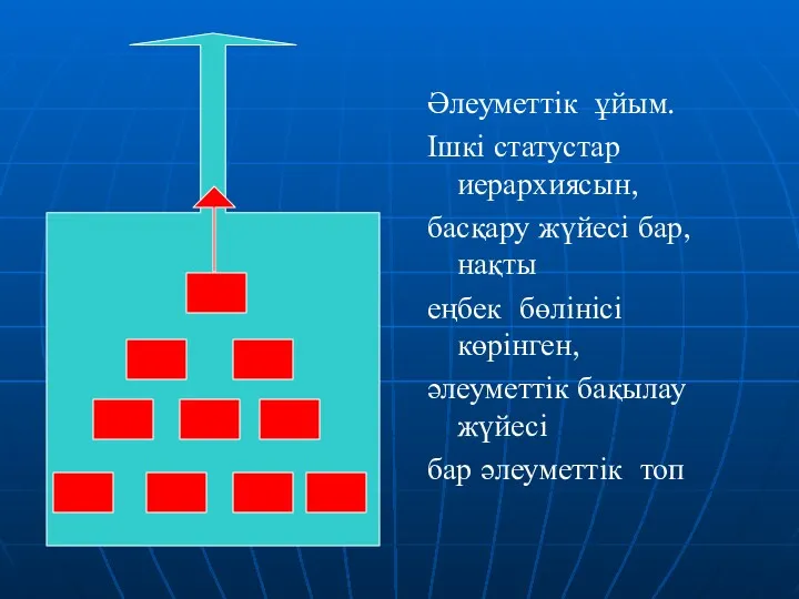 Әлеуметтік ұйым. Ішкі статустар иерархиясын, басқару жүйесі бар, нақты еңбек