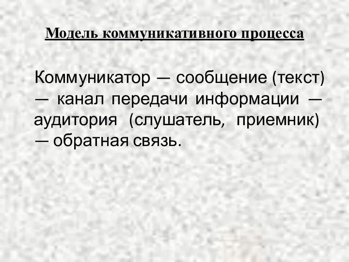 Модель коммуникативного процесса Коммуникатор — сообщение (текст) — канал передачи