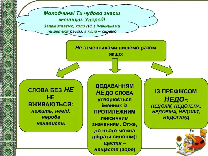 Тема нового матеріалу Молодчина! Ти чудово знаєш іменники. Уперед! Запам’ятаємо,