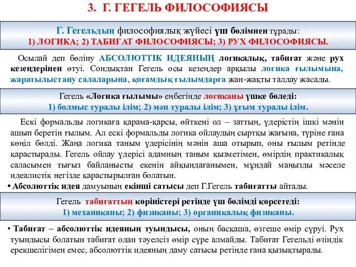 3. Г. ГЕГЕЛЬ ФИЛОСОФИЯСЫ Осылай деп бөліну АБСОЛЮТТІК ИДЕЯНЫҢ логикалық,