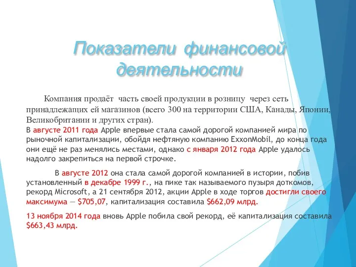 Показатели финансовой деятельности Компания продаёт часть своей продукции в розницу