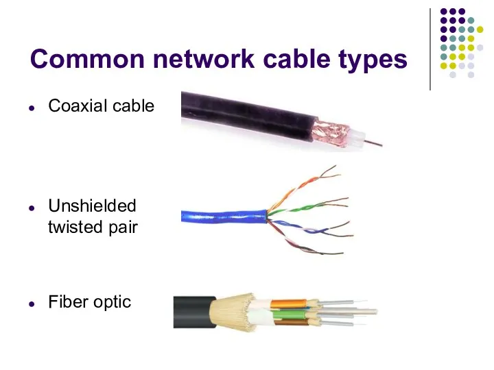 Common network cable types Coaxial cable Unshielded twisted pair Fiber optic