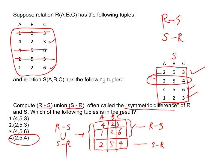 Suppose relation R(A,B,C) has the following tuples: and relation S(A,B,C) has the following