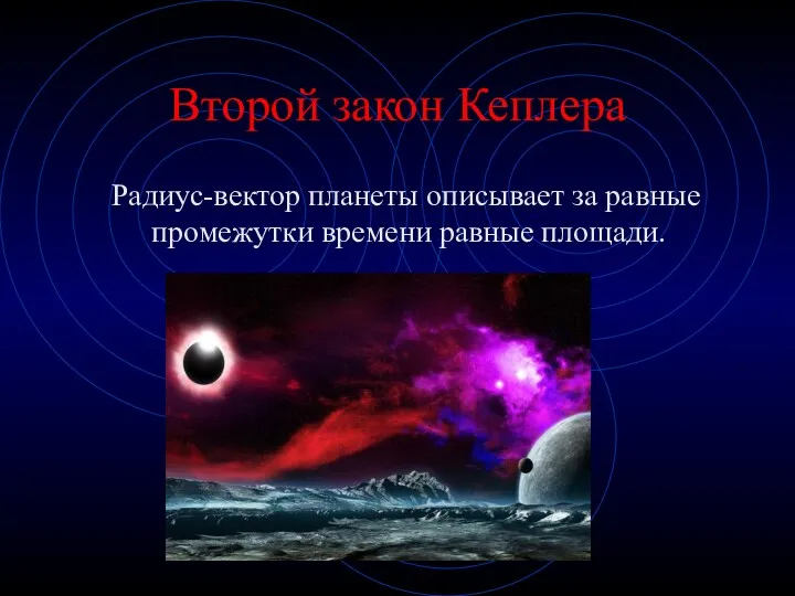 Второй закон Кеплера Радиус-вектор планеты описывает за равные промежутки времени равные площади.