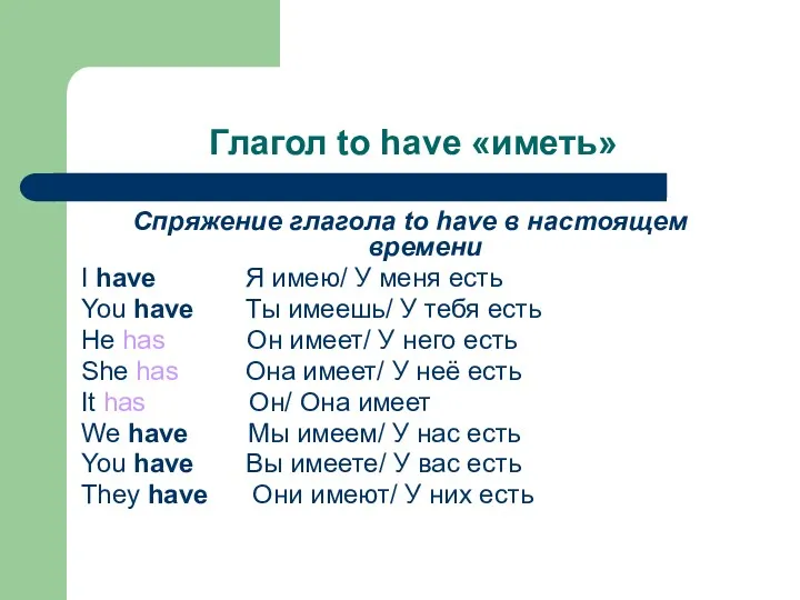 Глагол to have «иметь» Спряжение глагола to have в настоящем