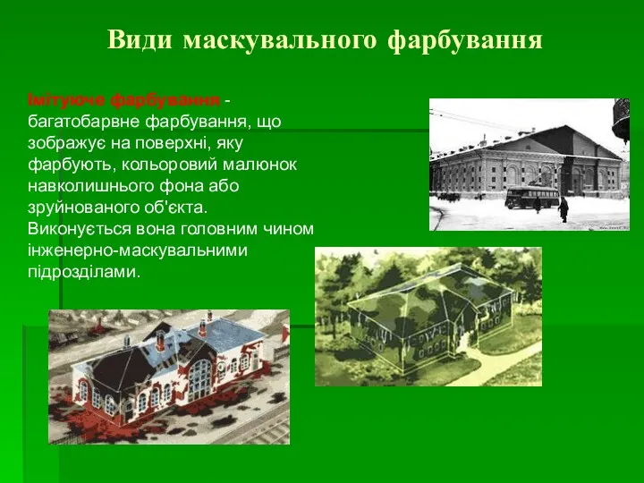 Види маскувального фарбування Імітуюче фарбування - багатобарвне фарбування, що зображує