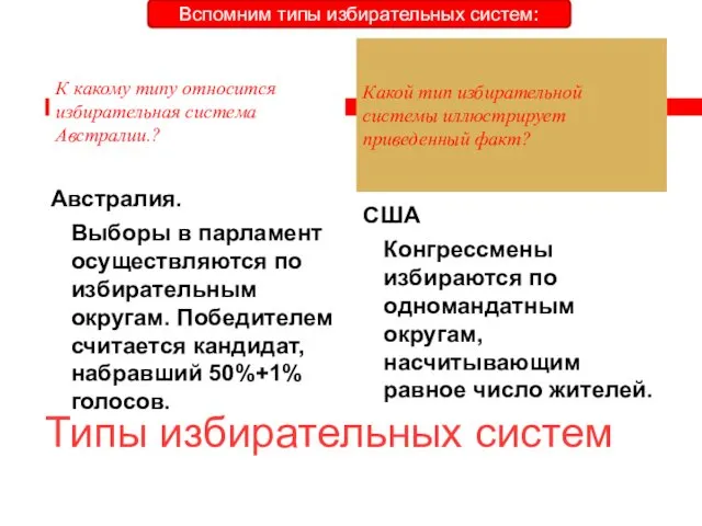 Типы избирательных систем К какому типу относится избирательная система Австралии.?