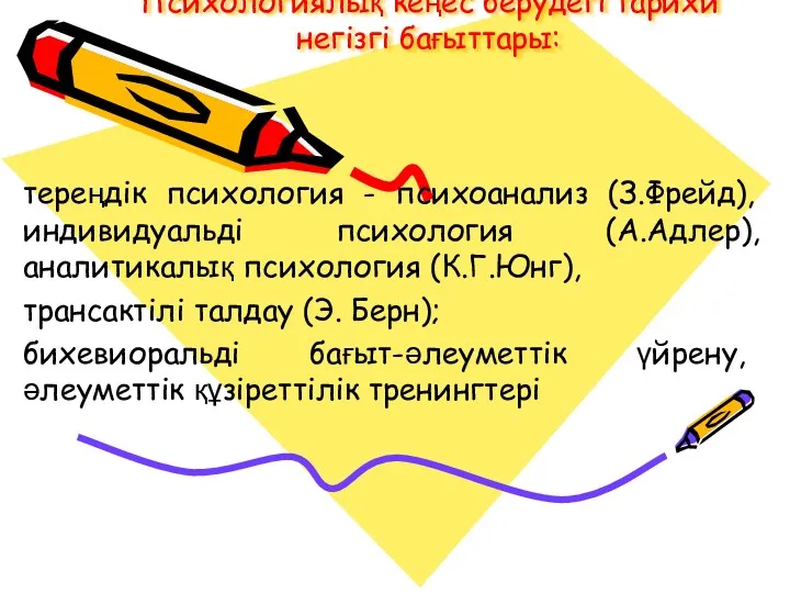 Психологиялық кеңес берудегі тарихи негізгі бағыттары: тереңдік психология - психоанализ