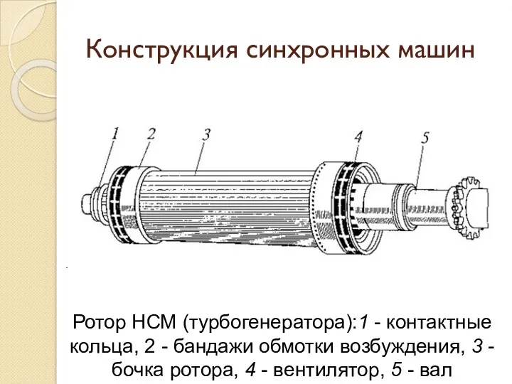 Конструкция синхронных машин Ротор НСМ (турбогенератора):1 - контактные кольца, 2