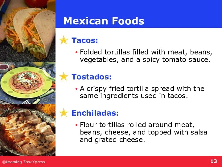 ©Learning ZoneXpress Tacos: Folded tortillas filled with meat, beans, vegetables,