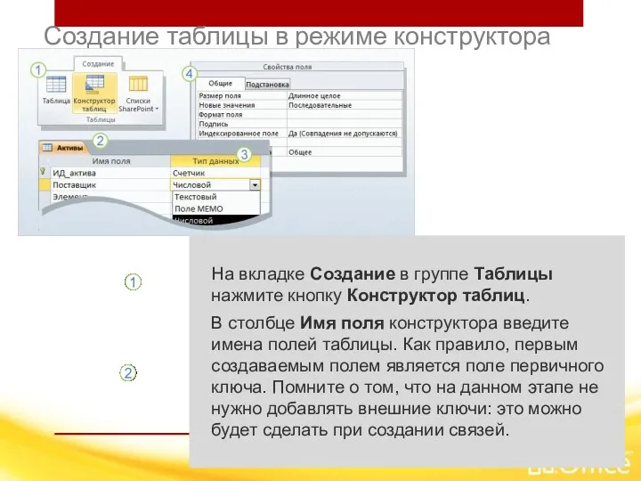 Создание таблицы в режиме конструктора На вкладке Создание в группе