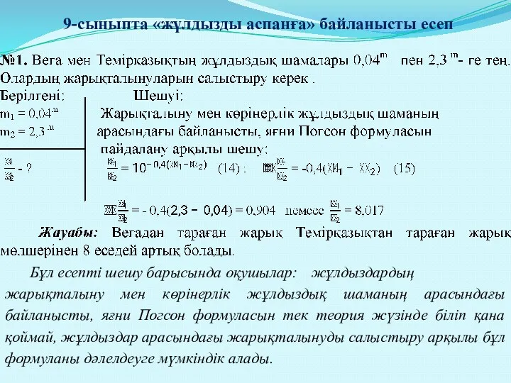 9-сыныпта «жұлдызды аспанға» байланысты есеп Бұл есепті шешу барысында оқушылар: