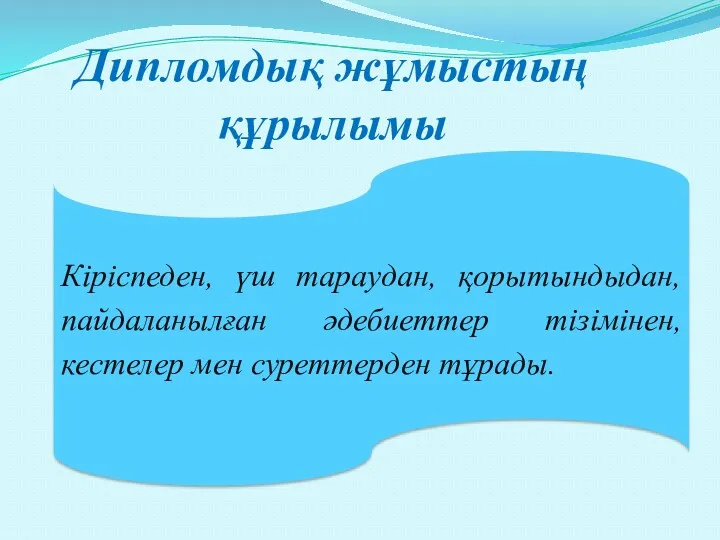 Дипломдық жұмыстың құрылымы Кіріспеден, үш тараудан, қорытындыдан, пайдаланылған әдебиеттер тізімінен, кестелер мен суреттерден тұрады.