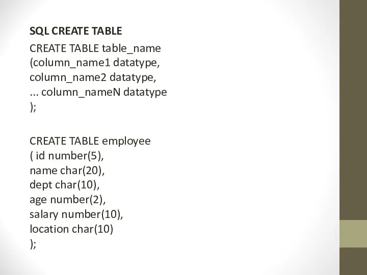 SQL CREATE TABLE CREATE TABLE table_name (column_name1 datatype, column_name2 datatype,