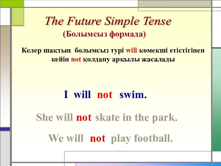 The Future Simple Tense (Болымсыз формада) Келер шақтың болымсыз турі