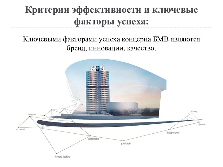 Критерии эффективности и ключевые факторы успеха: Ключевыми факторами успеха концерна БМВ являются бренд, инновации, качество.