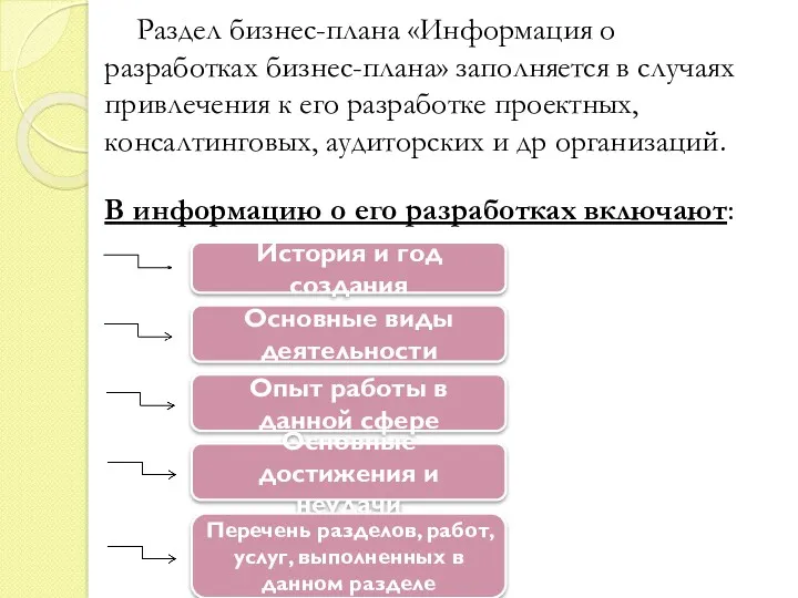 Раздел бизнес-плана «Информация о разработках бизнес-плана» заполняется в случаях привлечения