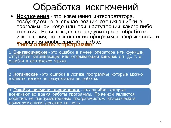 Обработка исключений Исключения - это извещения интерпретатора, возбуждаемые в случае