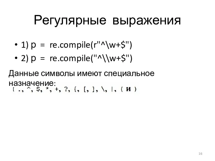 Регулярные выражения 1) р = re.compile(r"^\w+$") 2) р = re.compile("^\\w+$") Данные символы имеют специальное назначение: