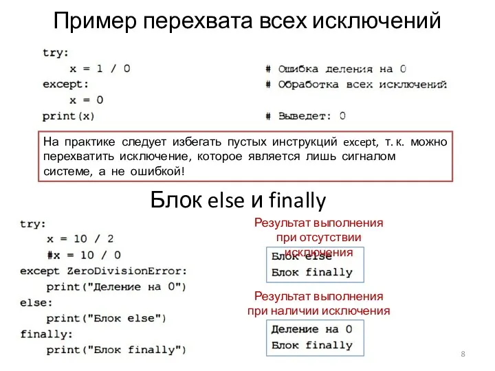 Пример перехвата всех исключений На практике следует избегать пустых инструкций