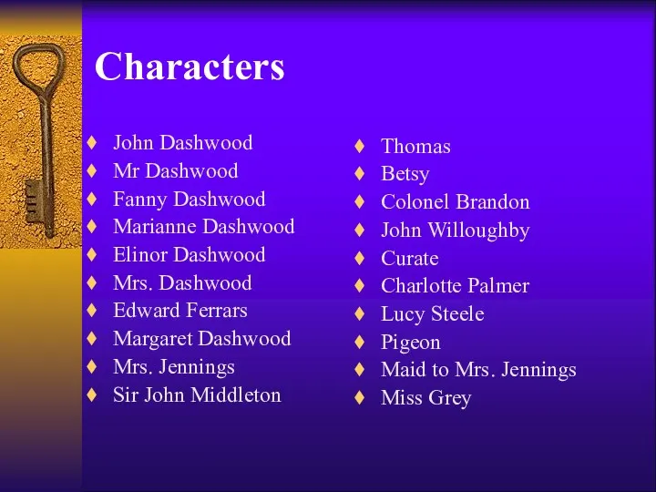 Characters John Dashwood Mr Dashwood Fanny Dashwood Marianne Dashwood Elinor