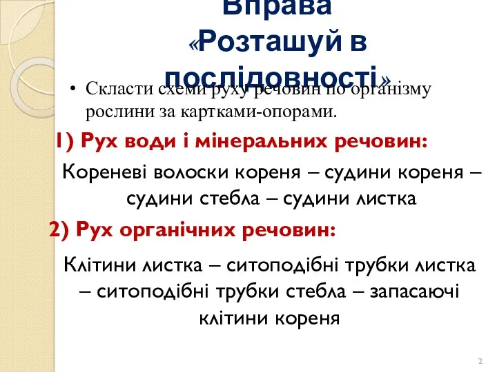 Вправа «Розташуй в послідовності» Скласти схеми руху речовин по організму