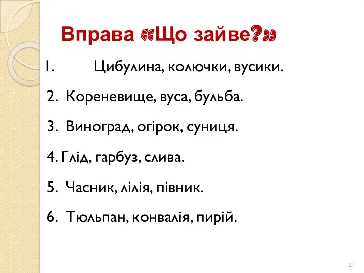 Вправа «Що зайве?» 1. Цибулина, колючки, вусики. 2. Кореневище, вуса,