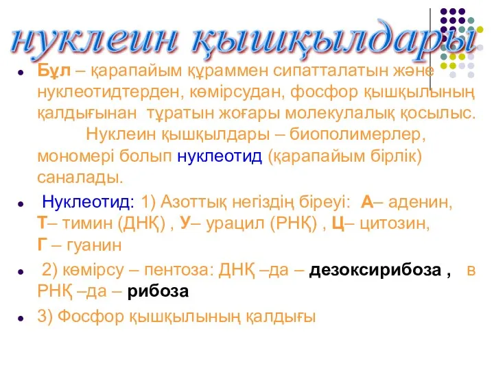 Бұл – қарапайым құраммен сипатталатын және нуклеотидтерден, көмірсудан, фосфор қышқылының