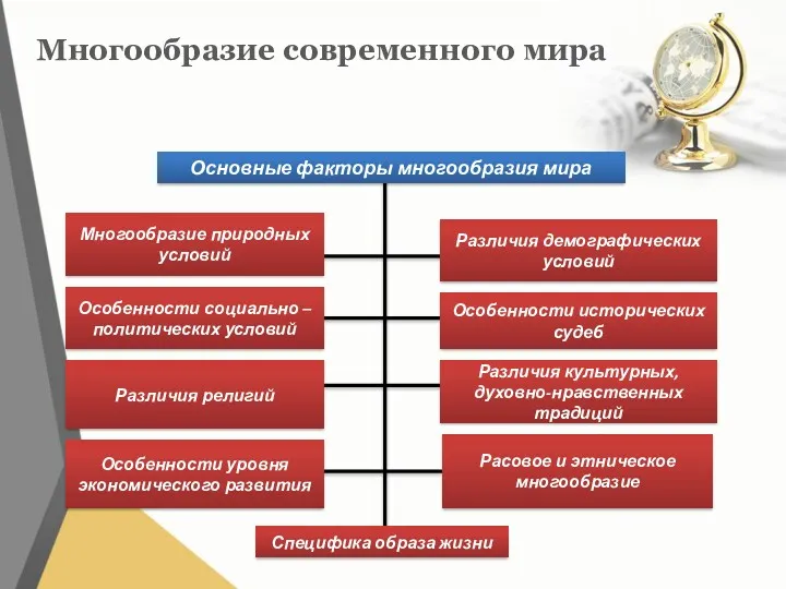 Многообразие современного мира Многообразие природных условий Различия демографических условий Особенности