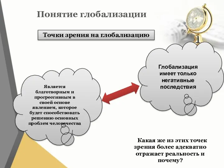 Понятие глобализации Точки зрения на глобализацию Является благотворным и прогрессивным