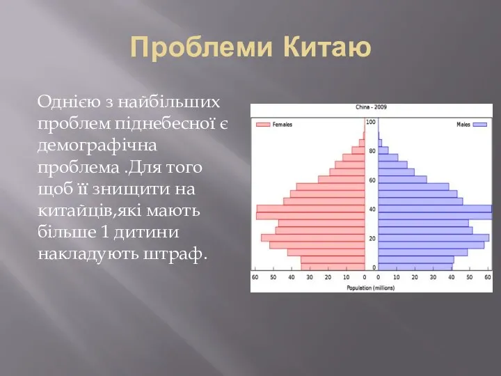 Проблеми Китаю Однією з найбільших проблем піднебесної є демографічна проблема