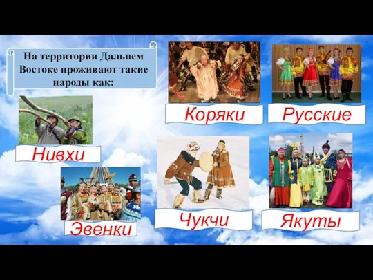 На территории Дальнем Востоке проживают такие народы как: Коряки Нивхи Русские Чукчи Эвенки Якуты