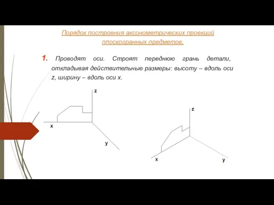 Порядок построения аксонометрических проекций плоскогранных предметов. 1. Проводят оси. Строят