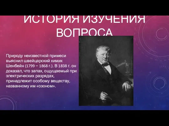 ИСТОРИЯ ИЗУЧЕНИЯ ВОПРОСА Природу неизвестной примеси выяснил швейцарский химик Шенбейн